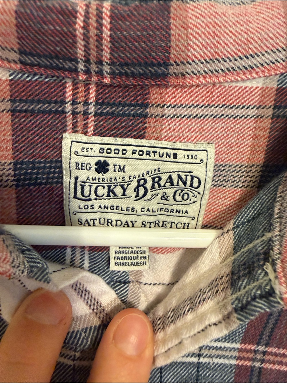2/$30 Lucky Brand Saturday Stretch Plaid Flannel Shirt Medium Pink Blue Cream - Picture 6 of 8
